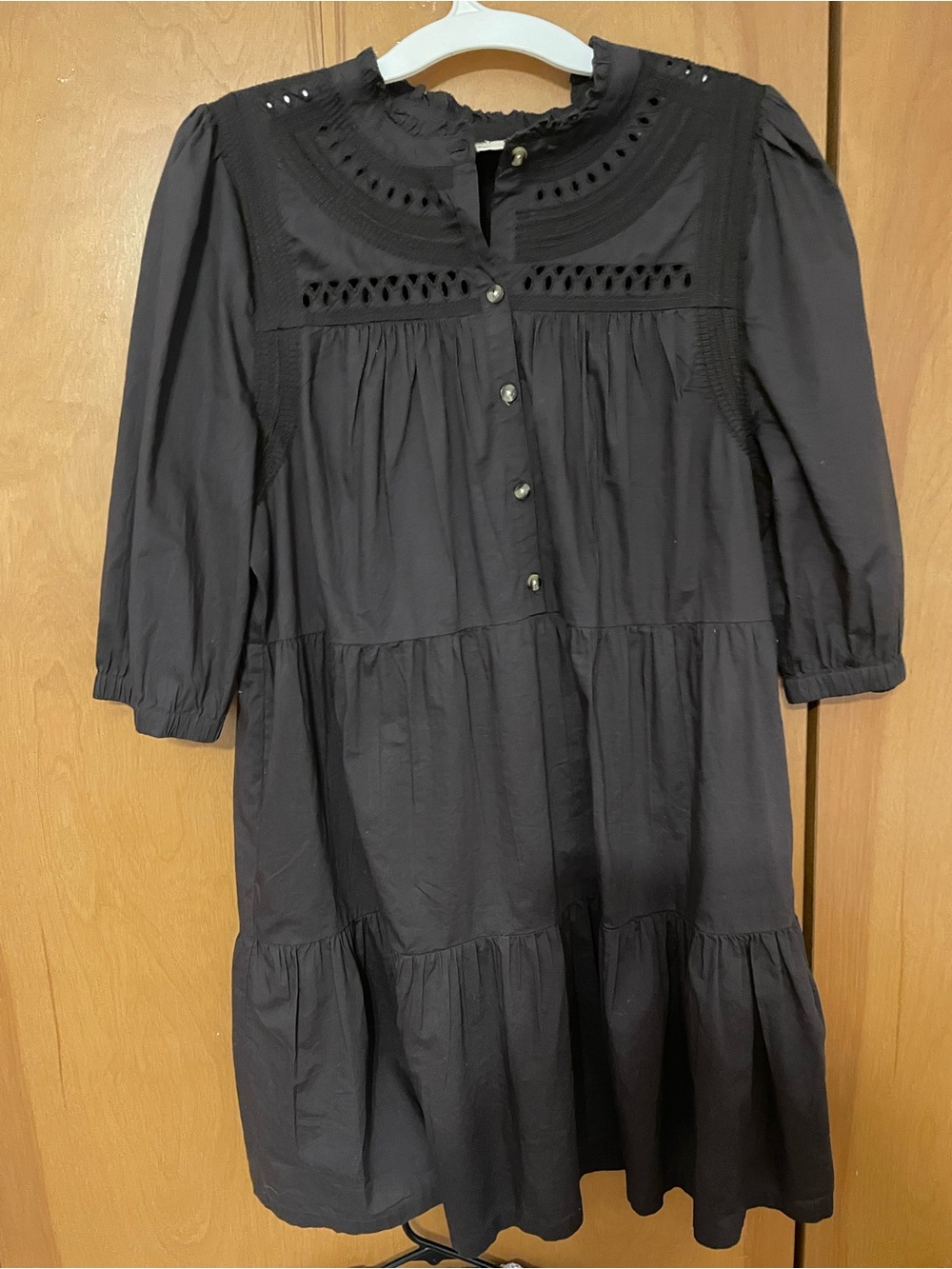 Black Eyelet-Tiered Button Front Mini Dress - Picture 2 of 4